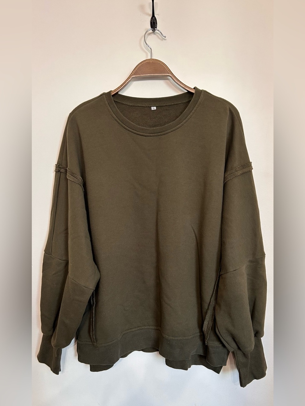 100% COTTON TERRY OLIVE GREEN OVERSIZED INSIDE OUT SEAM CREWNECK SWEATSHIRT